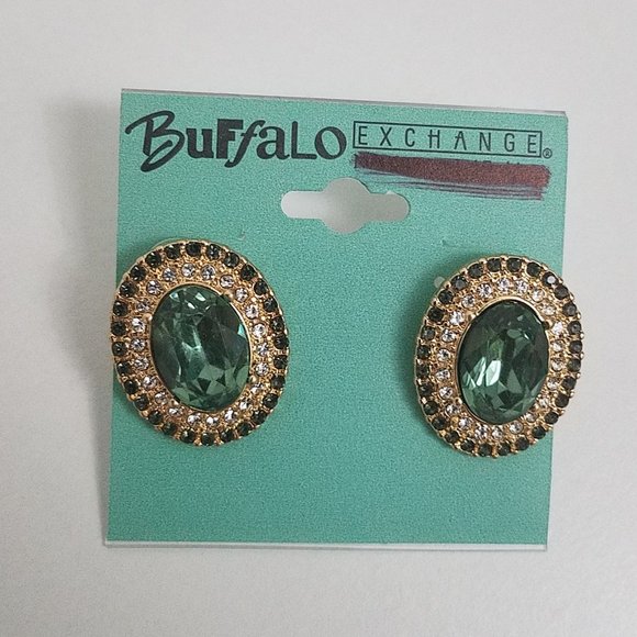 $10 Classic Oval Green Stone Crystal Stud Earrings - Picture 2 of 3